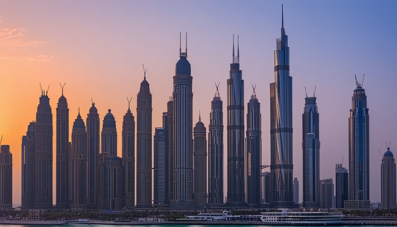 Dubai skyline with Burj Khalifa at sunset